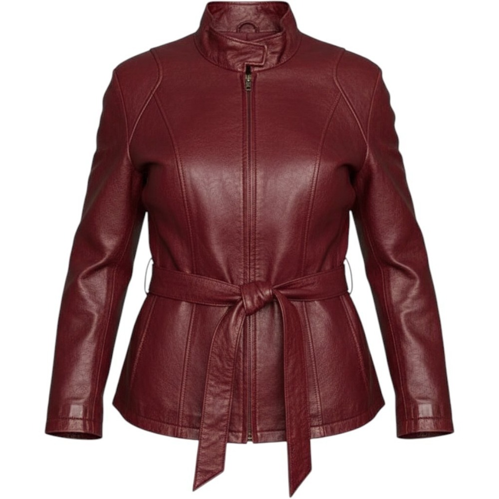Wilsons Leather Jacket Womens Large Burgundy Wine Red Belted Full Zip Insulated